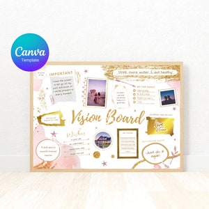 Vision Board Poster Canva Pro Template, DIN Size, Poster, Golden, Manifesting, Photo Collage, Printable, Virtual, Dream Board, Market ThinkZ