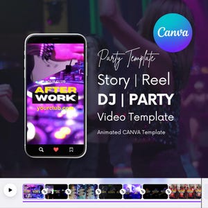 May include: A smartphone screen displaying a video template for a DJ party. The template features a DJ mixing music with the text "YOUR CLUB AFTER WORK yourclub.com" on the screen. The video template is animated and includes a play button, a heart icon, and a bookmark icon. The template is designed for use on social media platforms like Instagram and TikTok.