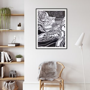 Black and White Owl Wall Art, Abstract Owl Painting, Owl Animal Prints, Owl Wall Decor, Minimalist Owl Art, Forest Print, digital download