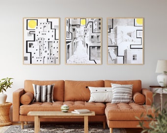 Modern Minimalist Gallery Wall Art Set of 3 Black and White Abstract City Scape Contemporary Decor Living Room Bedroom Digital Download