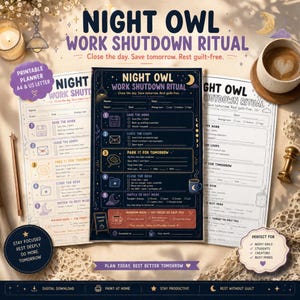 May include: A printable Night Owl Work Shutdown Ritual planner sheet featuring a dark blue background with gold text and icons. The document includes sections for daily tasks, energy levels, and a five-step checklist to close the workday effectively.