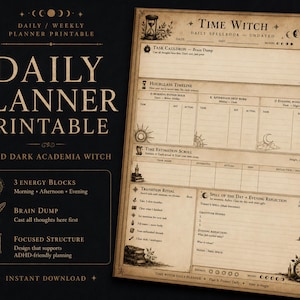 Könnte beinhalten: Ein beigefarbener, ausdruckbarer Tagesplaner im Vintage-Stil mit Abschnitten wie Time Witch, Task Cauldron, Hourglass Timeline, Time Estimation Scroll, Transition Ritual und Spell of the Day. Die Seite enthält Illustrationen von einer Sanduhr, einer Feder und einer Uhr.