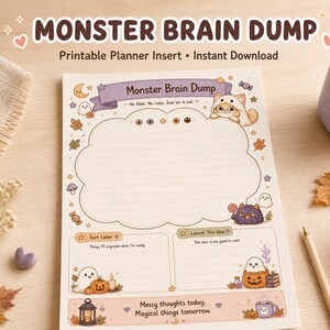 Peut inclure: Une feuille de planification imprimable intitulée Monster Brain Dump avec une zone centrale lignée en forme de nuage, un chat déguisé en fantôme et des illustrations de petits fantômes. La page inclut des sections Sort Later et Launch This Idea, avec le texte Messy thoughts today. Magical things tomorrow.
