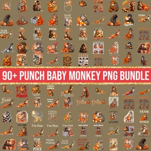 以下が含まれることがあります： さまざまなポーズとスタイルで、90以上のPNG画像を集めた赤ちゃん猿のコレクション。画像には、抱き合ったり、座ったり、"Team Punch"や"I'm Fine"などのテキストが表示された猿が含まれています。画像は茶色とオレンジの色合いです。