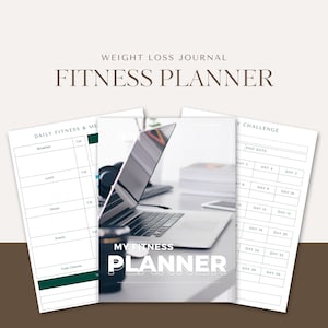 Op de afbeelding: Een printbare fitnessplanner met een witte achtergrond en zwarte tekst. De planner bevat secties voor dagelijkse fitness- en maaltijdtracking, evenals een 30-daagse uitdaging.