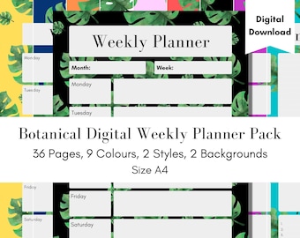 Botanical Digital Weekly Planner Pack. 36 Pages, 9 Colours, JPG, Digital Planner, Print at Home.
