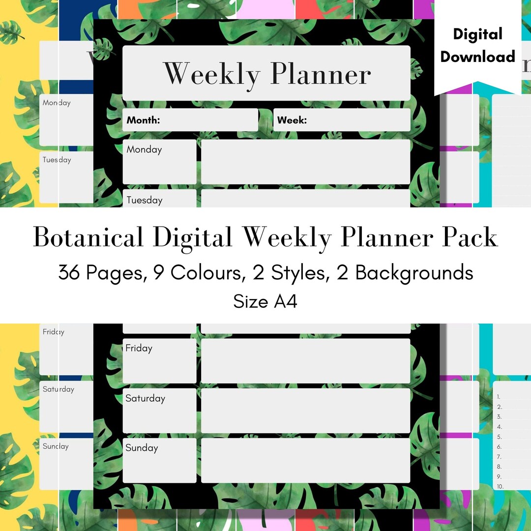 Botanical Digital Weekly Planner Pack. 36 Pages, 9 Colours, JPG ...