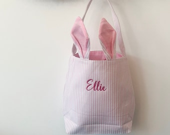 Embroidered Easter Bunny Bag with Ears: Personalized Seersucker Treat Bag