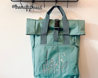 Embroidered Flower Meadow Roll Top Backpack - Recycled Material