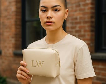 Personalized Embroidered Initials Faux Leather Pouch: Cosmetic Travel Bag