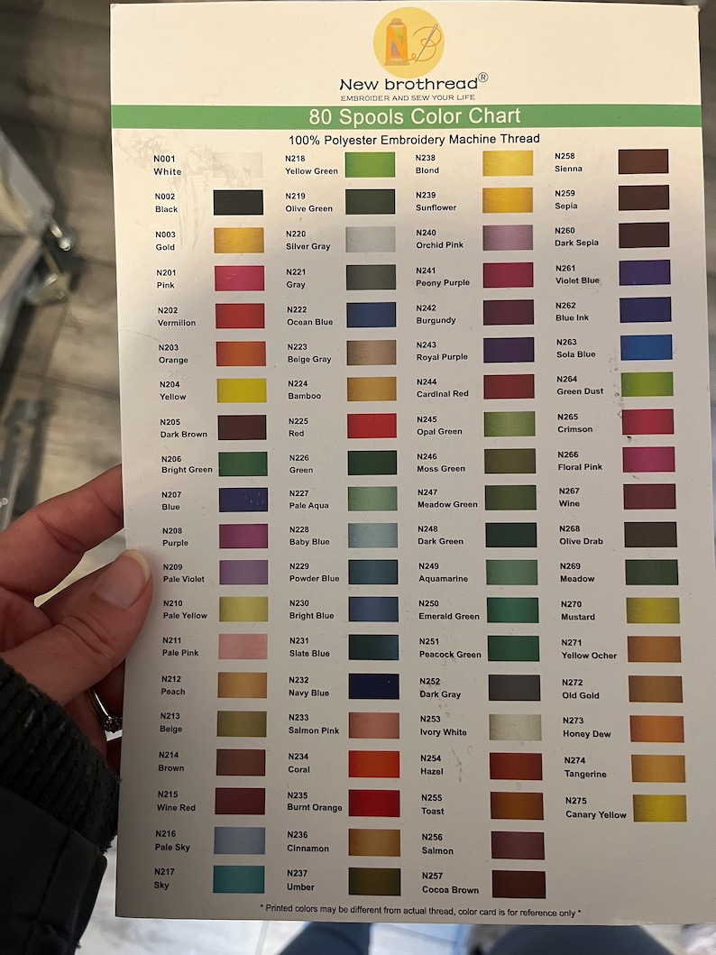 May include: A color chart with 80 spools of 100% polyester embroidery machine thread. The chart is organized by color family and includes a variety of shades, from white to black, and from bright to muted.