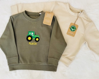 Personalised Tractor Birthday Jumper | Custom Name Baby Sweatshirt | Farm Theme Outfit. Handmade, eco-friendly