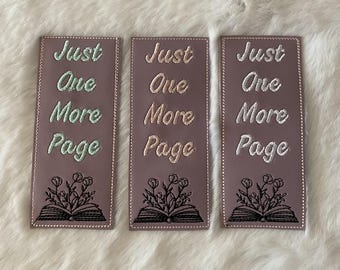 Embroidered PU Leather Bookmark: "Just One More Page" Book Lover Gift