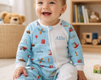 Baby Boys cute transport romper suit and optional matching bib