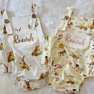 Summer dungaree, baby dungaree, baby romper, farmyard dungaree, animal dungaree, rabbit dungaree, farm outfit, hare dungaree
