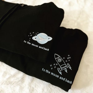 Embroidered hoodie, to the moon and back, couples hoodies, matching hoodies, rocket hoodie