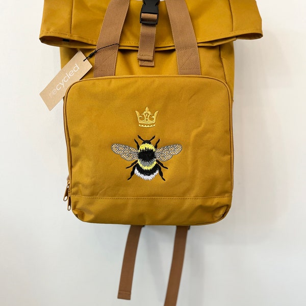 Bee backpack, roll top backpack, embroidered backpack, queen bee, bumblebee, bee kind