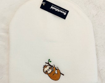 Personalised Sloth Embroidered Beanie | Custom Name Animal Hat | Sloth Lover Present