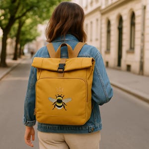 Embroidered Bee backpack, roll top backpack, embroidered backpack, queen bee, bumblebee, bee kind