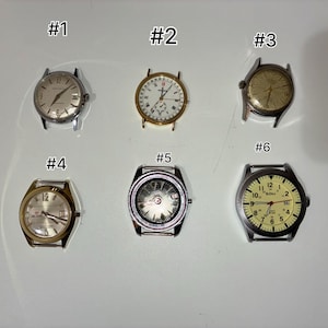 May include: Six vintage wristwatches are displayed against a white background. The watches have various face designs and band materials. The image includes the numbers #1 through #6, labeling each watch. The watches have different colored faces and bands.