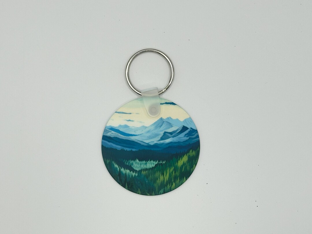 Aluminum Round Key Chain With a Forest and Mountains - Etsy