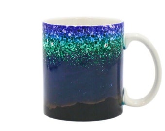 11oz Ceramic Mug. Midnight Mountain Scene with Blue Glitter
