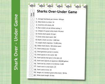 Juego de trivia sobre tiburones, más o menos, para fiestas o en el aula (PDF imprimible)