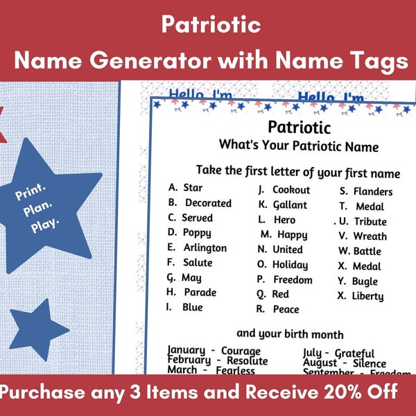 Patriotic Game, Name Generator, Independence Day, Memorial Day, Patriotic Celebration, Senior Adult Activity, Summer Camps, Family Gathering