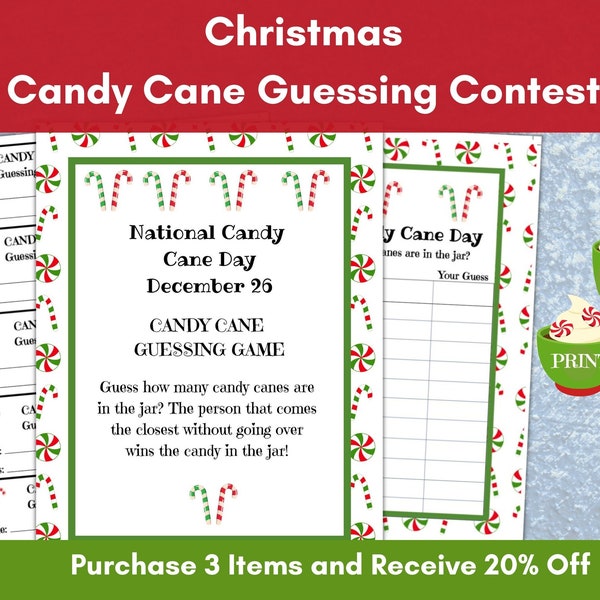 Christmas Candy Cane Game, How Many Candies in the Jar, National Candy Cane Day Party, Teen Christmas Party, Senior Adult, Printable