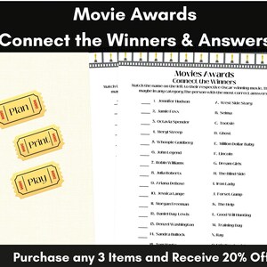 Könnte beinhalten: Ein druckbares Spielblatt zum Thema Filmpreise. Das Spiel fordert die Spieler auf, den Namen eines Schauspielers oder einer Schauspielerin mit seinem Oscar-prämierten Film zu verbinden. Das Blatt enthält einen Titel, Anweisungen und eine Liste von Schauspielern und Schauspielerinnen mit ihren entsprechenden Filmen.
