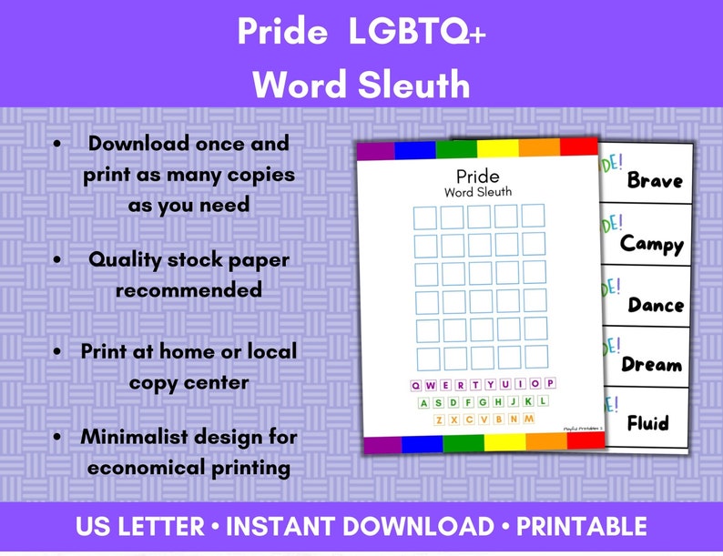 Pride Word Sleuth Printable, LGBTQ Game, Word Solving Puzzle, Paper