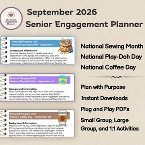 Puede incluir: Un planificador de actividades para personas mayores de septiembre de 2026 con tres unidades en espiral para el mes de la costura, el día de Play-Doh y el día del café. El texto incluye Plan with Purpose, Instant Downloads, Plug and Play PDFs y Small Group, Large Group, and 1:1 Activities.