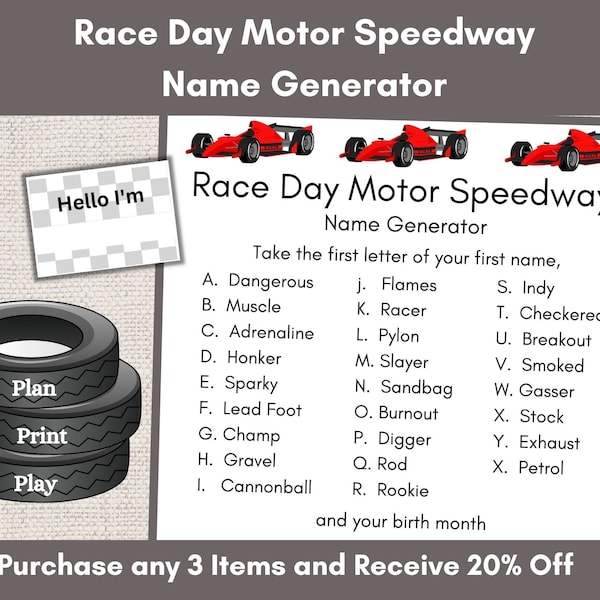 Race Day, Name Generator, Motor Speedway, Race Car Game, Race Car Party, Car Racing, Icebreaker, Name Tag Template, Senior Adult Game