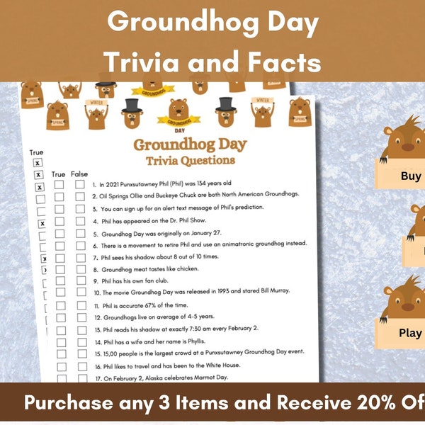 Groundhog Day, Trivia and Facts, Groundhog Day Activity, Punxsutawney Phil, Classroom Activity, Senior Adult Program, Brain Game, Printable