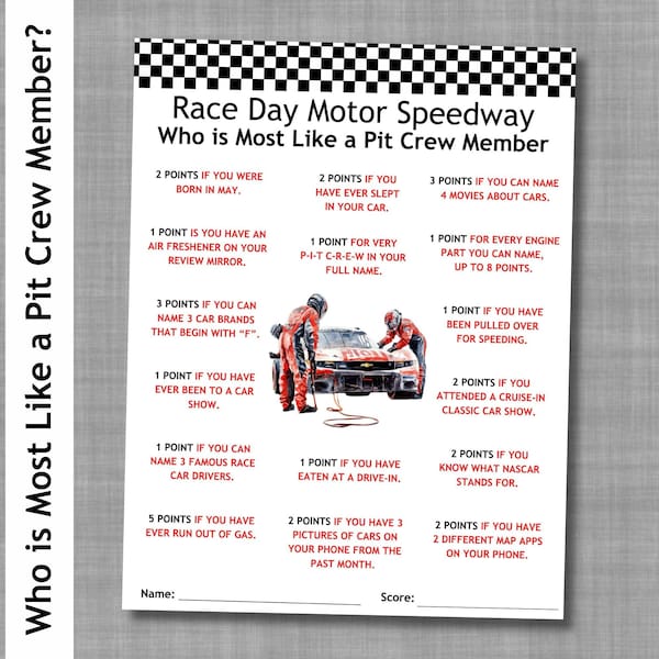 Pit Crew Game, Motorsports Party, Car Racing Activity (Printable PDF)