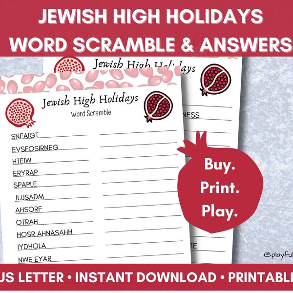 Jewish High Holiday Word Scramble, Holiday Celebration, Youth Program, Senior Adult Activity, Teacher, Family, Word Game, Minimalist Design