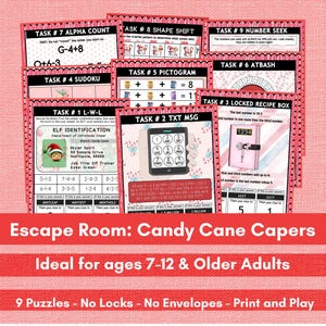 Puede incluir: Nueve rompecabezas de escape room imprimibles con un tema navideño. Los rompecabezas se titulan "Identificación de elfos", "Caja de recetas cerrada", "Mensaje de texto", "Conteo alfabético", "Cambio de forma", "Búsqueda de números", "Pictograma", "Sudoku" y "Atbash". Los rompecabezas están diseñados para niños de 7 a 12 años y adultos.