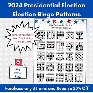 Puede incluir: Una hoja imprimible de patrones de bingo para las elecciones presidenciales de 2024. La hoja presenta 25 patrones de bingo diferentes con círculos negros sobre un fondo blanco. El texto "2024 Presidential Election Election Bingo Patterns" está en la parte superior de la hoja. El texto "Purchase any 3 Items and Receive 20% Off" está en la parte inferior de la hoja.