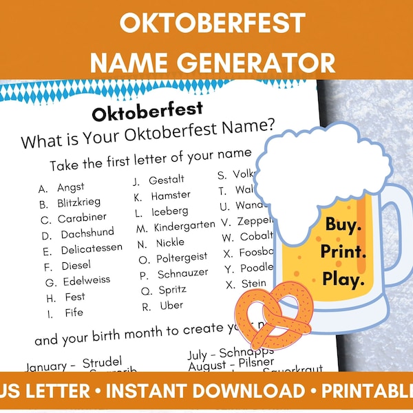 Oktoberfest Name Generator, Oktoberfest Party mixer, German Beer Festival, Senior Adult Activity, Minimalist Design, Instant Download