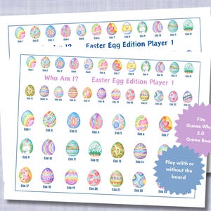 May include: A printable Easter egg game for two players. The game includes 24 colorful Easter eggs with different designs. The text on the page reads "Who Am I?" and "Easter Egg Edition Player 1".
