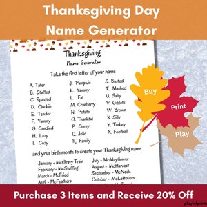 Thanksgiving Day, Name Generator, Turkey Name, Holiday Mixer, Thanksgiving Program, Friendsgiving Game, Senior Living Activity, Printable