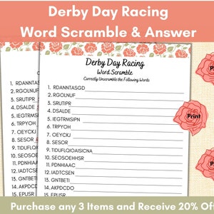 Derby Day, Word Scramble, Word Game, Puzzle, Horse Race Party, Derby Party, Brain Game, Classroom, Home School, Senior Adult Activity