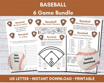 Baseball Party Printables, Bundle, I Spy, Word Search, Would You Rather, Name Generator, Cube Baseball Game, A-Z Race, Senior Adult Activity
