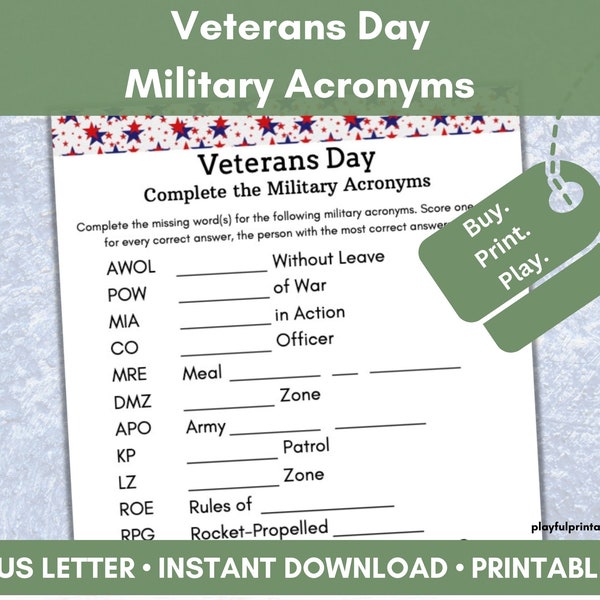 Veterans Day, Fill In the Blank, Military Acronyms, Word Game, Classroom Game, Senior Living, Military Game, Veterans Day Party, Printable