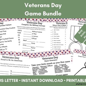 Puede incluir: Paquete de juegos imprimibles para el Día de los Veteranos con estrellas rojas, blancas y azules. El paquete incluye juegos como "¿Dónde se hizo?", "Completa el acrónimo militar", "Orgulloso de ser estadounidense", "Generador de nombres del Día de los Veteranos" y "Diseña una medalla militar".