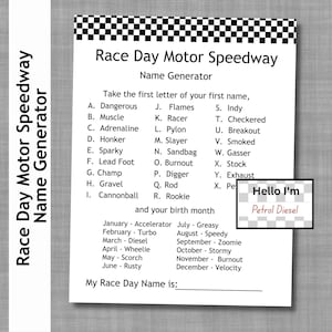 Race Day, Name Generator, Motor Speedway, Race Car Game, Race Car Party, Car Racing, Icebreaker, Name Tags , Office Fun, Game for Seniors