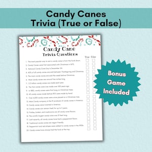 Trivialidades sobre bastones de caramelo, juego de Navidad, trivialidades navideñas, juego de Navidad de la iglesia, fiesta de bastones de caramelo, grupo de jóvenes, juego mental para personas mayores, imprimible