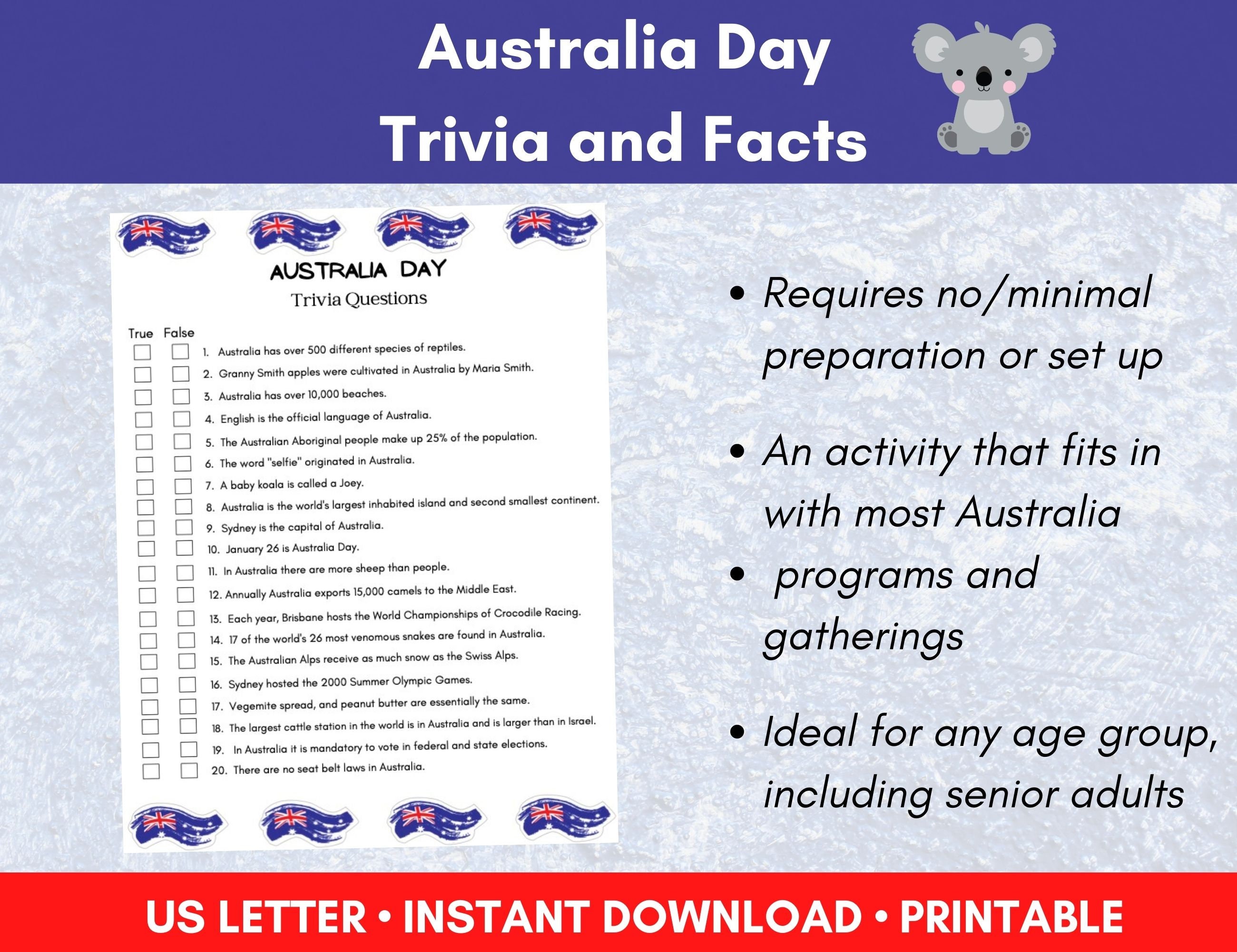 Australia Day, Trivia and Facts, Australia Party Game, Aussie Celebration, Senior Adult Brain