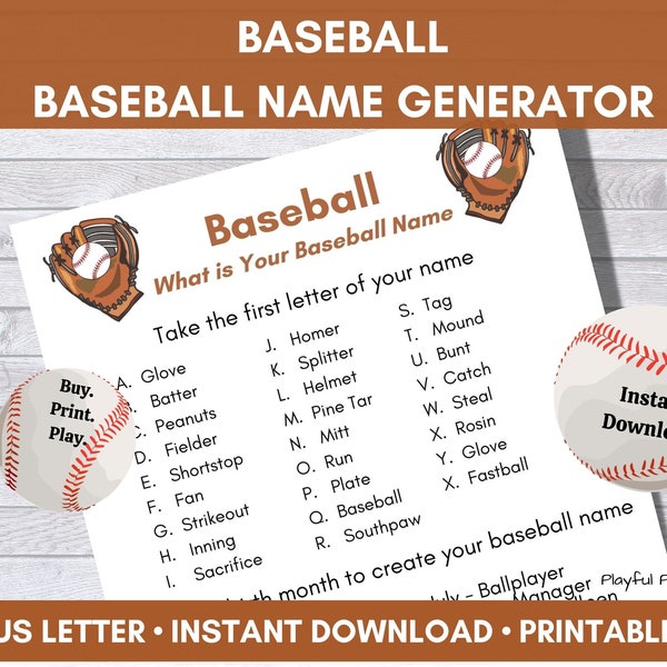 Baseball Name Generator,  Baseball Party Game, Printable Activity, Instant Download, Kids Activity, Senior Adult Game, Party Mixer,