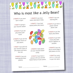 May include: A printable game sheet with the title "Who is Most Like a Jelly Bean?" and a list of questions with points assigned to each answer. The questions are related to jelly beans, spring, and Easter. The sheet is decorated with cartoon jelly beans.